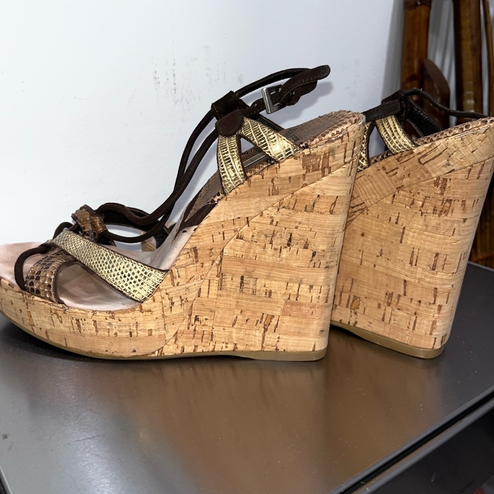 Auth Prada Strappy Snakeskin Python Suede Cork We… - image 4